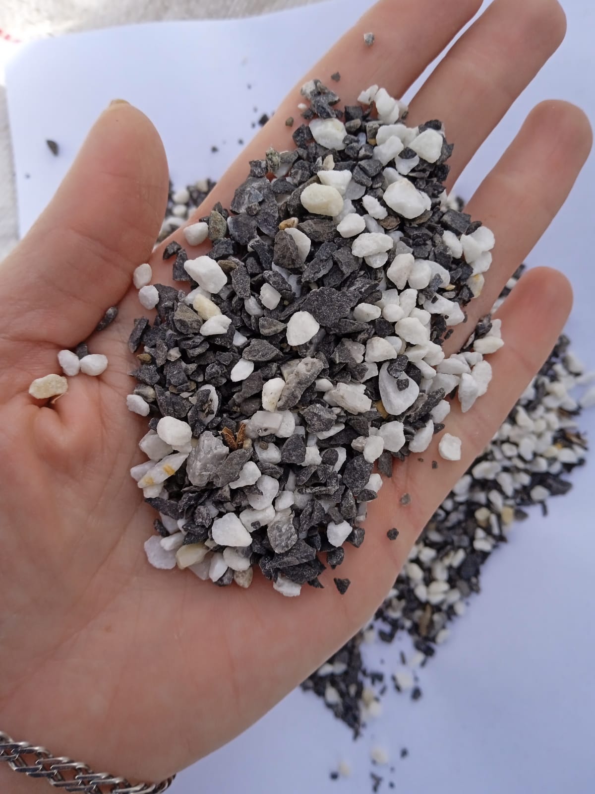  Мраморная галька (щебень галтованный микс:белый-черный-розовый-медовый) фр.5-10 мм.  купить  в Санкт-Петербурге мрамор белый, медовый, черный, розовый мраморный галтованный щебень декоративный ландшафтный 14500 руб/т   фото 